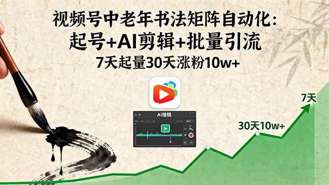 视频号中老年书法矩阵自动化:起号+AI剪辑+批量引流 7天起量30天涨粉10w+
