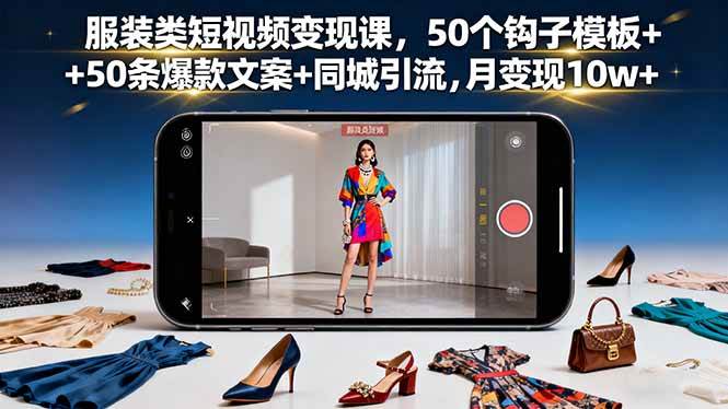 服装类短视频变现课,50个钩子模板+50条爆款文案+同城引流,月变现10w+
