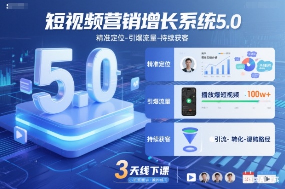 短视频营销增长系统5.0,精准定位-引爆流量-持续获客,3天线下课