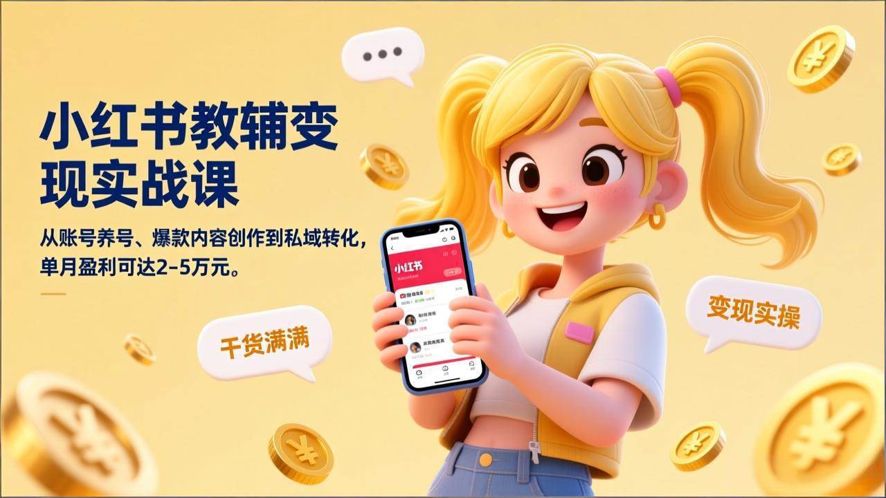 小红书教辅变现实战课,从账号养号、爆款内容创作到私域转化,单月盈利可达2-5万元