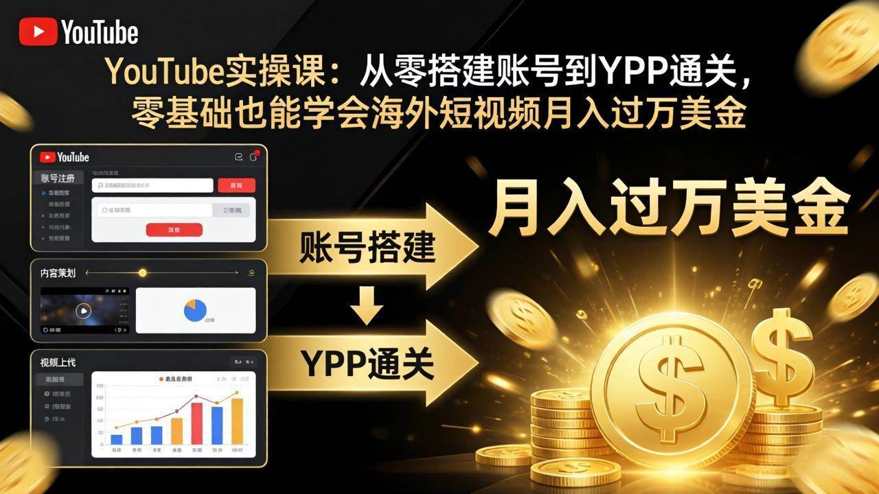 YouTube实操课:从零搭建账号到YPP通关,零基础也能学会海外短视频月入过万美金