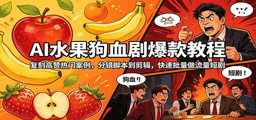 AI水果狗血剧爆款教程:复刻高赞热门案例,分镜脚本到剪辑,快速批量做流量短剧
