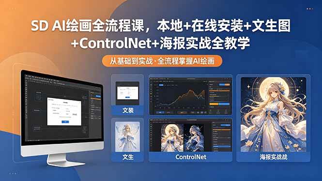 SD AI绘画全流程课,本地+在线安装+文生图+ControlNet+海报实战全教学