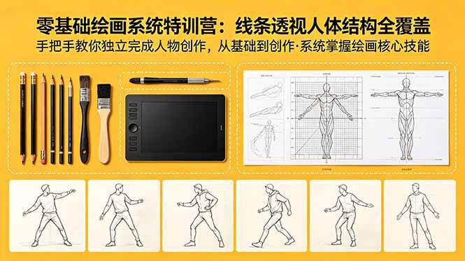 零基础绘画系统特训营:线条透视人体结构全覆盖,手把手教你独立完成人物创作
