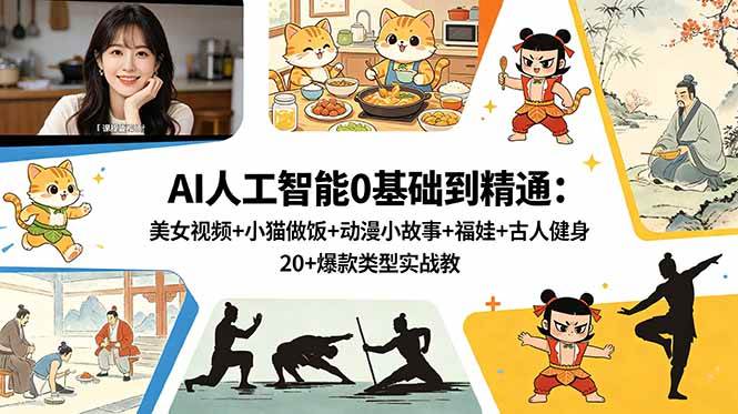 AI人工智能0基础到精通:美女视频+小猫做饭+动漫小故事+福娃+古人健身,20+爆款类型实战教学