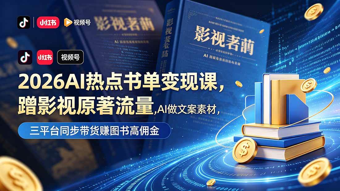 2026AI热点书单变现课,蹭影视原著流量,AI做文案素材,三平台同步带货赚图书高佣金