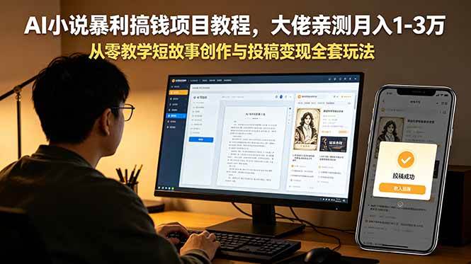 AI小说暴利搞钱项目教程-更新,大佬亲测月入1-3万,从零教学短故事创作与投稿变现全套玩法