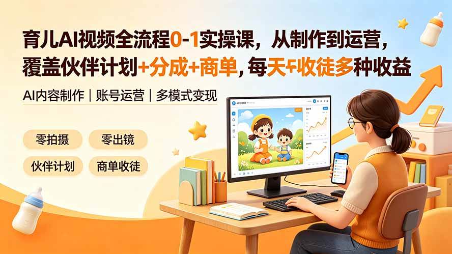 育儿AI视频全流程0-1实操课,从制作到运营,覆盖伙伴计划+分成+商单+收徒多种收益,每天500+收益