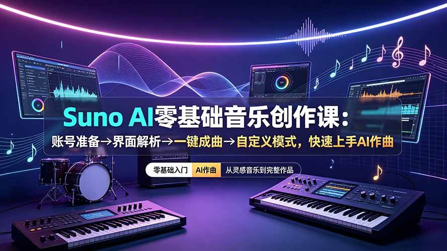 Suno AI零基础音乐创作课:账号准备→界面解析→一键成曲→自定义模式,快速上手AI作曲
