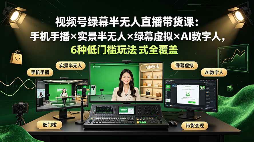 视频号绿幕半无人直播带货课:手机手播×实景半无人×绿幕虚拟×AI数字人,6种低门槛玩法全覆盖
