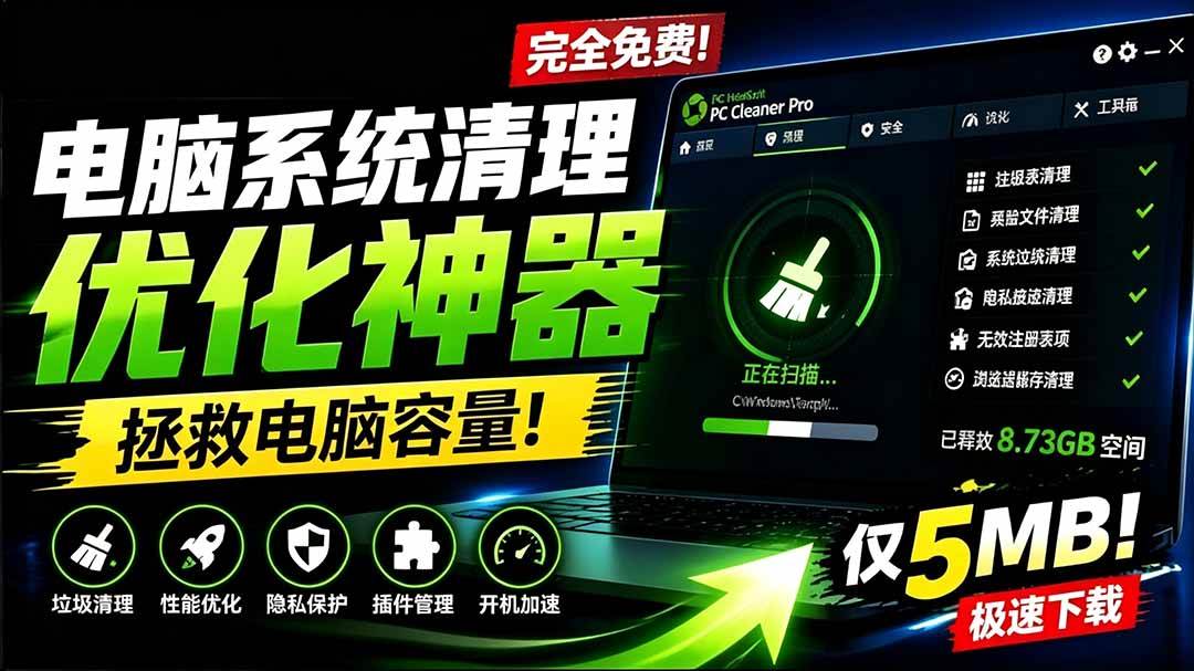 轻松吊打Win系统自带工具!电脑清理优化神器,拯救电脑容量,仅5MB,完全免费使用 PC Cleaner Pro