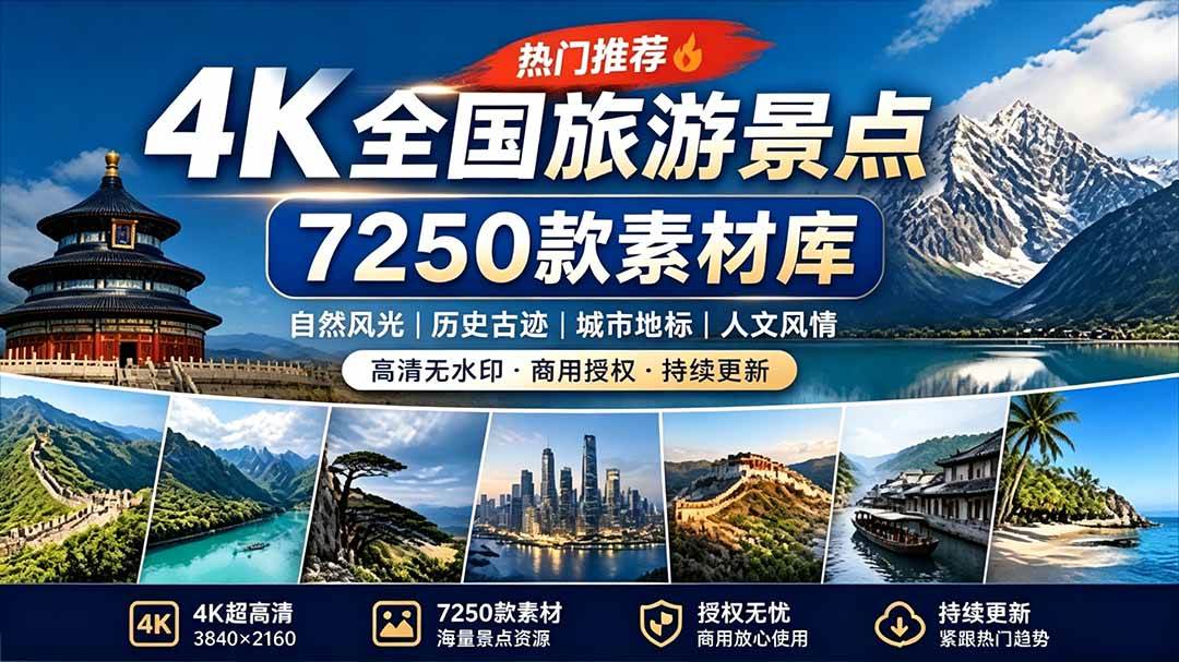 热门全国旅游风景素材!4K全国旅游景点素材库,7250款素材,旅行达人城市航拍风景风光高清短视频