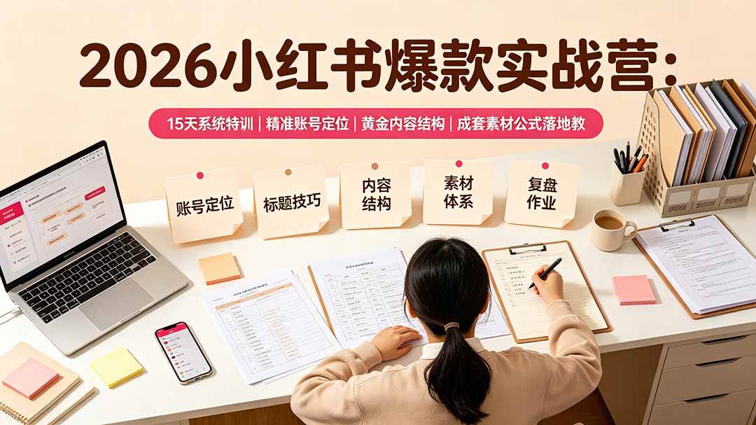 2026小红书爆款实战营:15天系统特训|精准账号定位|黄金内容结构|成套素材公式落地教程