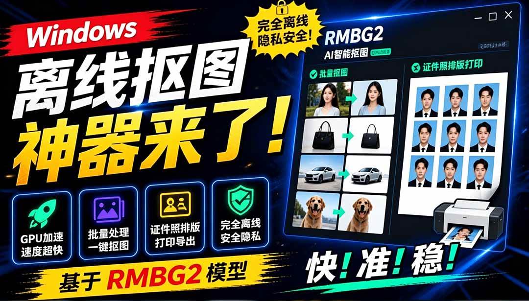 Windows离线抠图神器来了!支持批量抠图 + 证件照排版打印,基于RMBG2模型,GPU加速 方块AI抠图