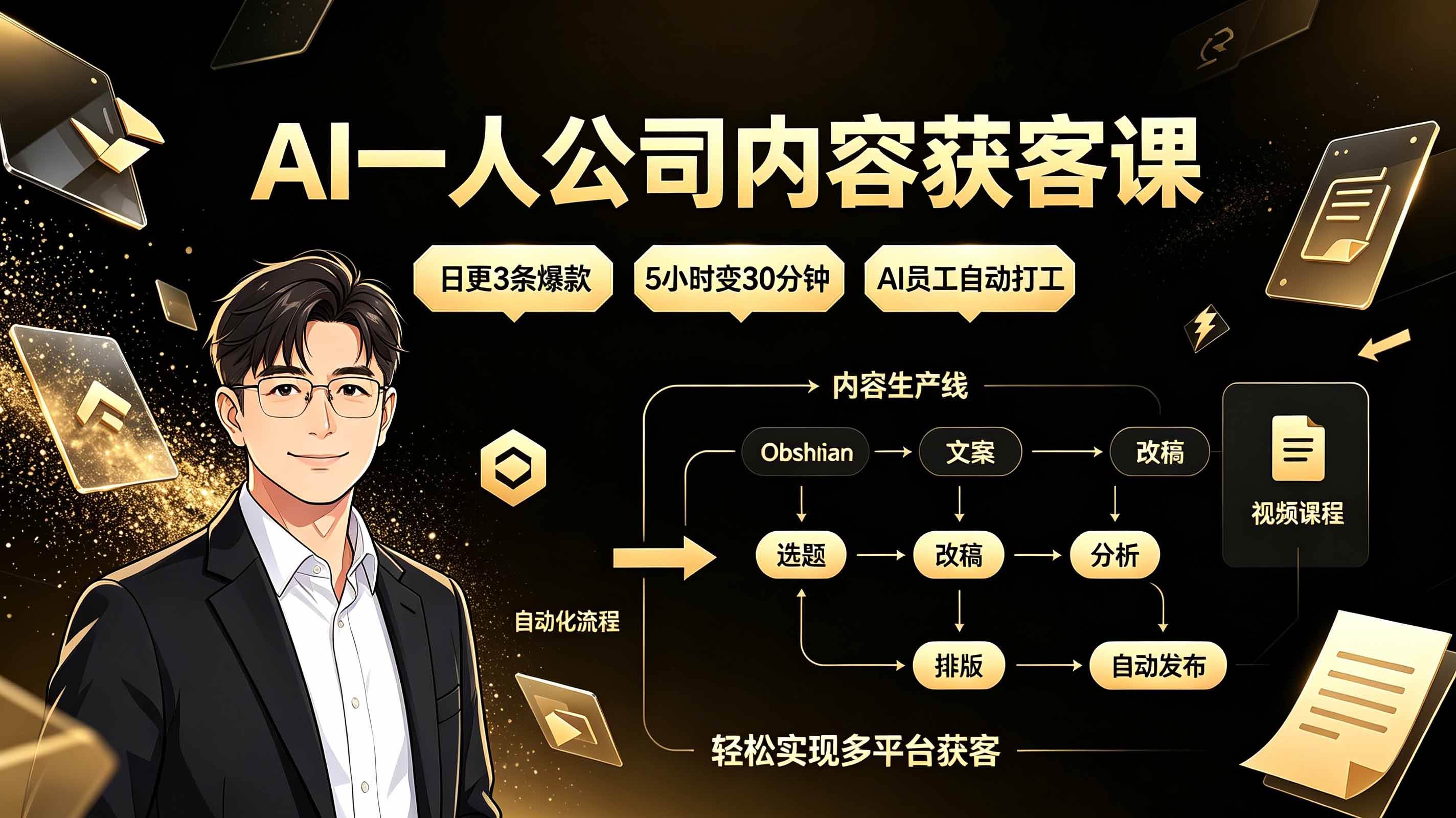 AI一人公司内容获客课:日更3条爆款×5小时变30分钟×AI员工自动打工,轻松实现多平台获客