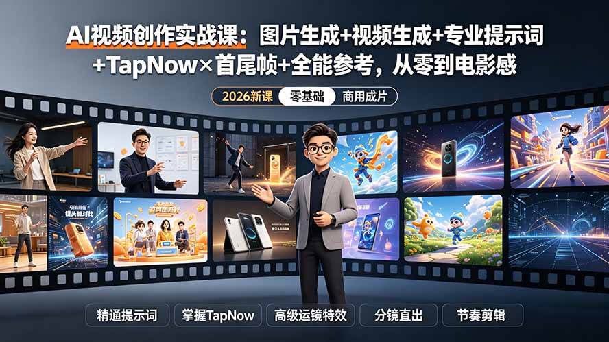AI视频创作实战课:图片生成+视频生成+专业提示词+TapNow×首尾帧+全能参考,从零到电影感成片