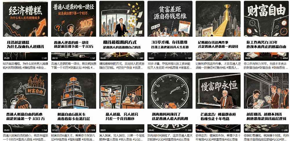 AI书单财富书籍图文解读:手绘黑白风格×一键直出×几十条视频跑1000单×全流程拆解×新手可上手
