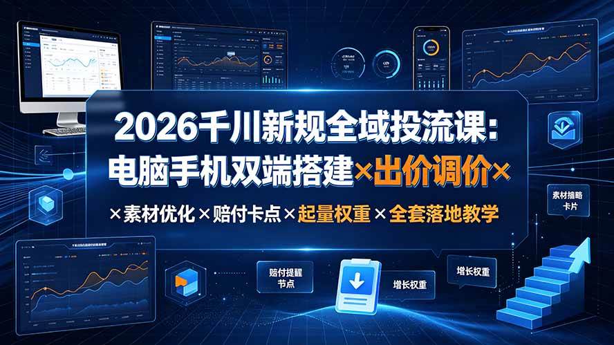 2026千川新规全域投流课:电脑手机双端搭建×出价调价×素材优化×赔付卡点×起量权重×全套落地教学