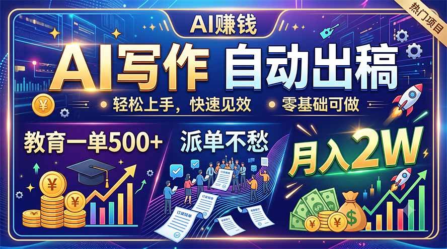 AI写作自动出稿,教育一单500+,派单不愁,月入2W