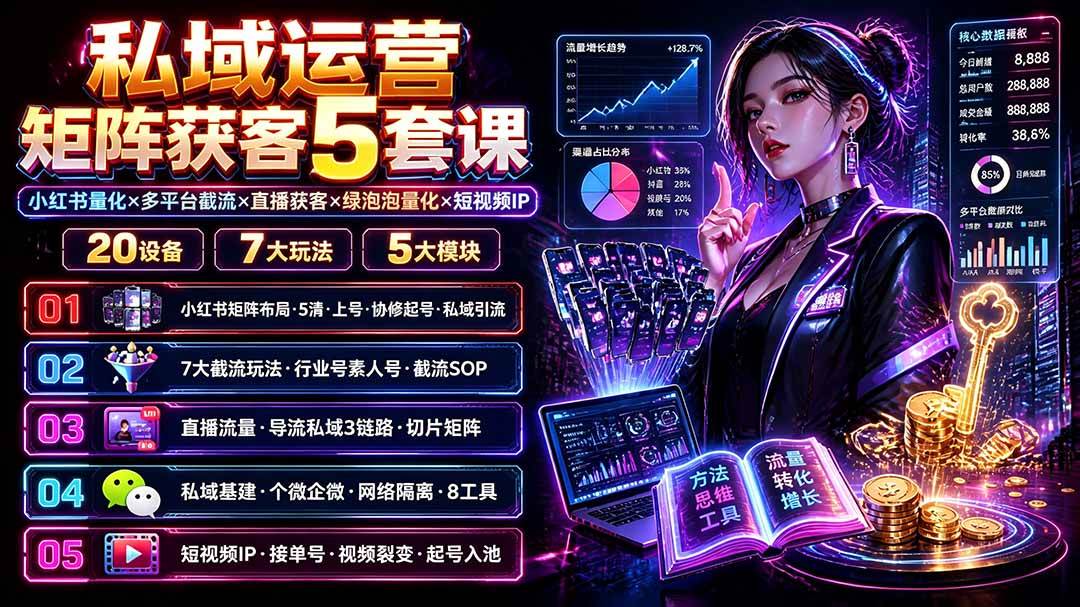 私域运营矩阵获客5套课:小红书量化×多平台截流×直播获客×绿泡泡量化×短视频IP×20设备×7大玩法