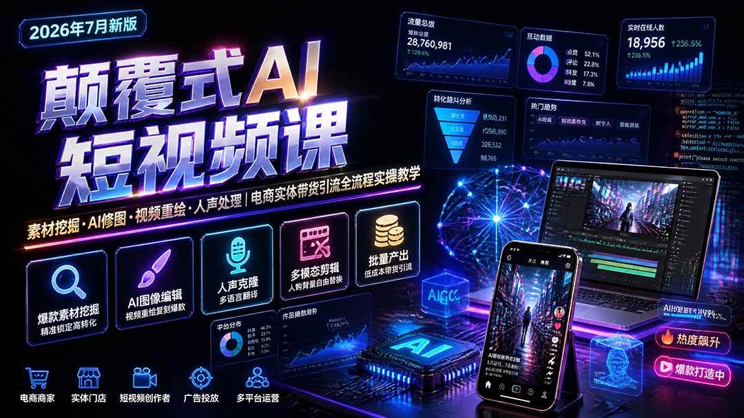 颠覆式AI短视频课|素材挖掘,AI修图,视频重绘,人声处理|电商实体带货引流全流程实操教学