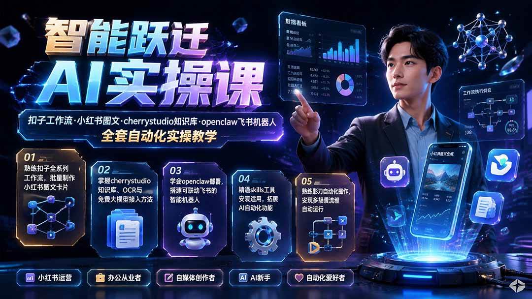 智能跃迁 AI实操课|扣子工作流小红书图文搭建,cherrystudio知识库openclaw飞书机器人全套自动化实操教学
