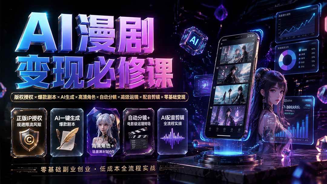 AI漫剧变现必修课:版权授权×爆款剧本×AI生成×高清角色×自动分镜×高级运镜×配音剪辑×零基础变现