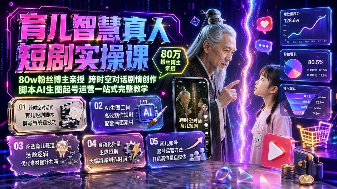 育儿智慧真人短剧实操课|80w粉丝博主亲授,跨时空对话剧情创作,脚本AI生图起号运营一站式完整教学