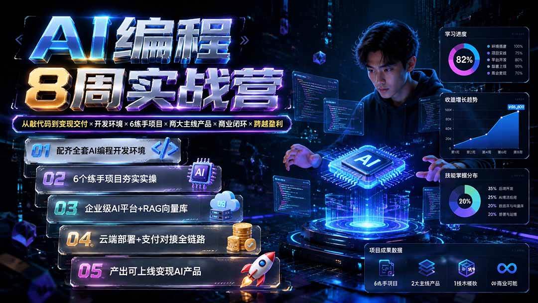 AI编程8周实战营:从敲代码到变现交付×开发环境×6练手项目×两大主线产品×商业闭环×跨越盈利