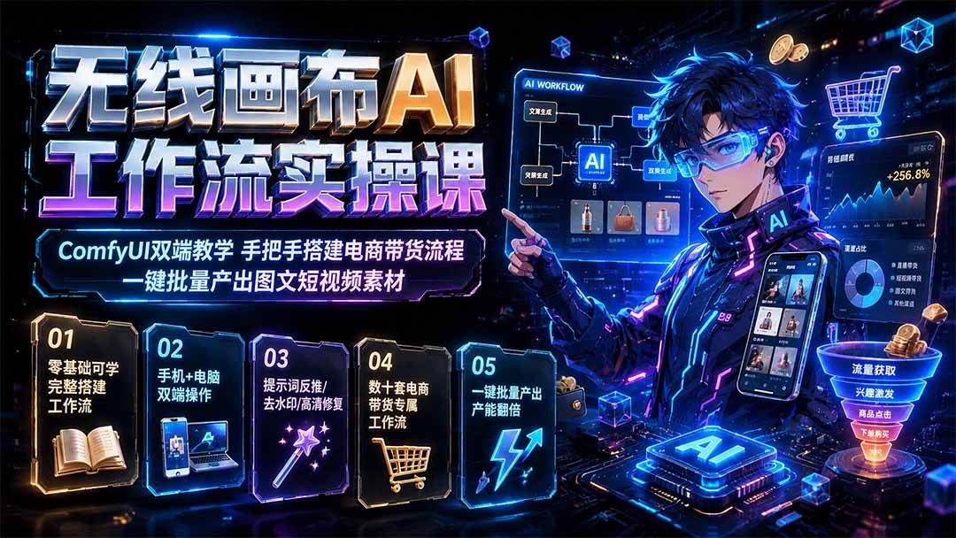 无线画布AI工作流实操课|ComfyUI双端教学,手把手搭建电商带货流程,一键批量产出图文短视频素材