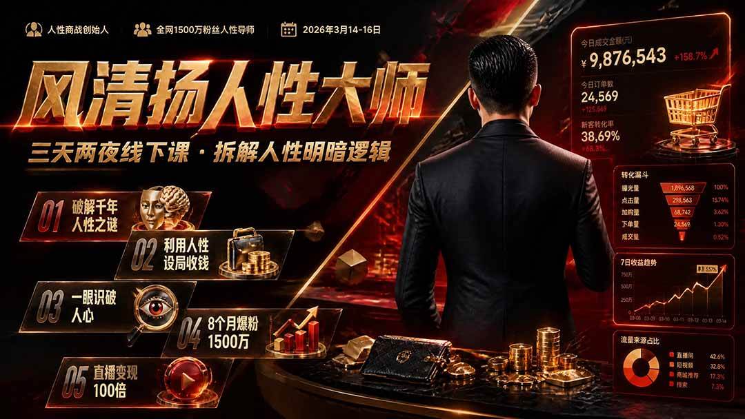 风清扬人性大师-三天两夜3月14-16线下课2026年|拆解人性明暗逻辑,识人避坑,千万粉涨粉+直播百倍变现实战教学