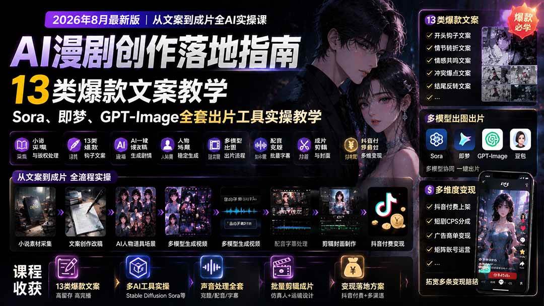 AI漫剧创作落地指南|13类爆款文案教学,Sora、即梦、GPT-Image全套出片工具实操教学