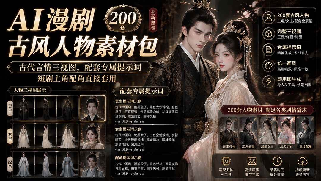 AI漫剧古风人物素材包+提示词|200 套古代言情三视图,配套专属提示词短剧主角配角直接套用