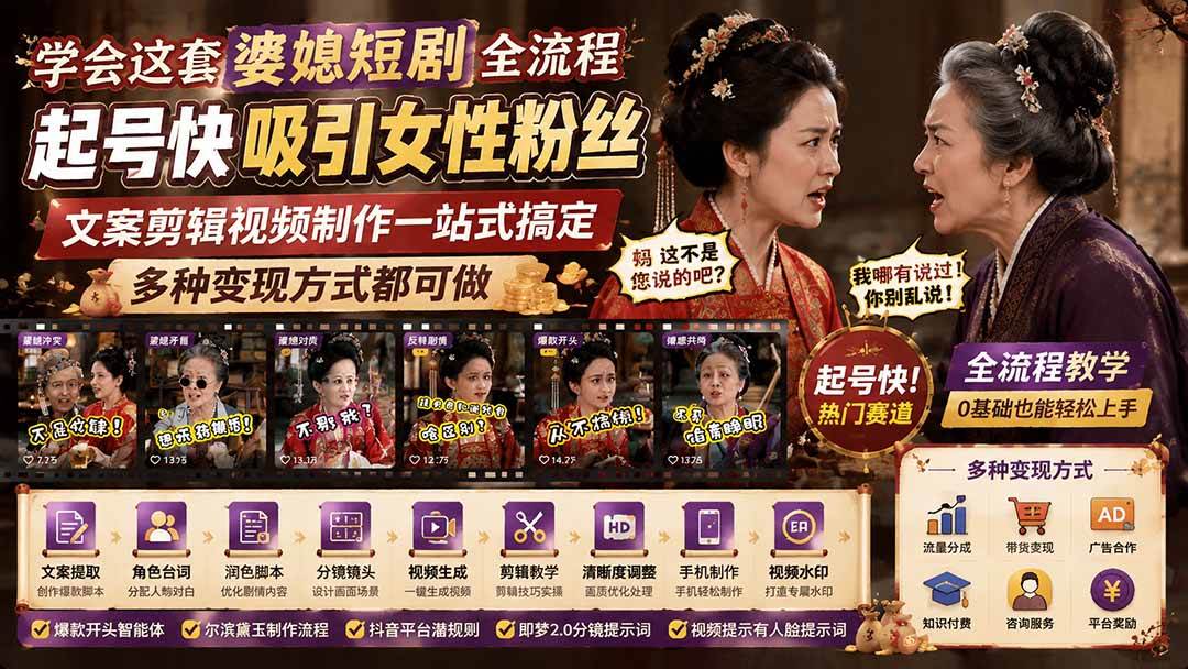 学会这套婆媳短剧全流程:起号快吸引女性粉丝,文案剪辑视频制作一站式搞定,多种变现方式都可做