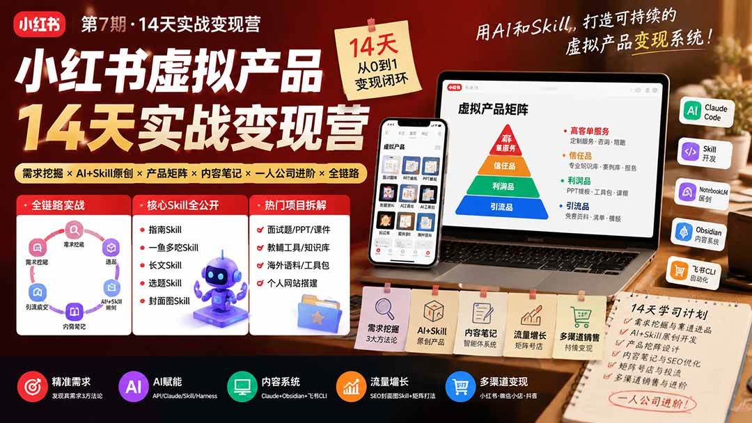 小红书虚拟产品14天实战变现营-第7期:需求挖掘×AI+Skill原创×产品矩阵×内容笔记×一人公司进阶×全链路