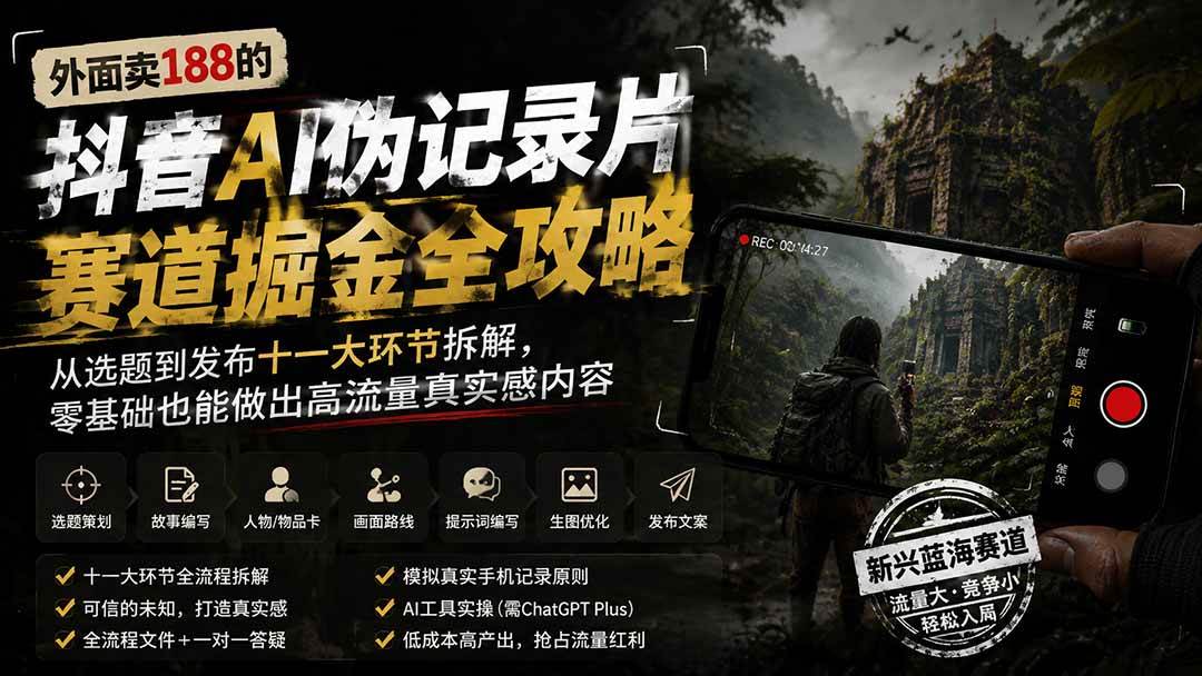 外面卖188的抖音AI伪记录片赛道掘金全攻略;从选题到发布十一大环节拆解,零基础也能做出高流量真实感内容