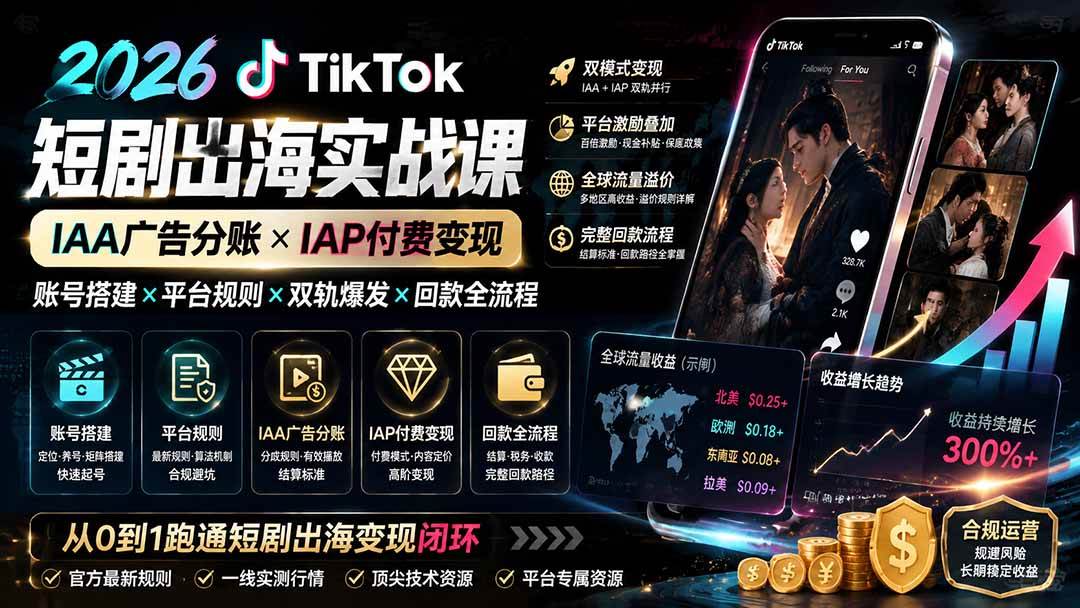 2026TikTok短剧出海实战课:IAA广告分账×IAP付费变现×账号搭建×平台规则×双轨爆发×回款全流程