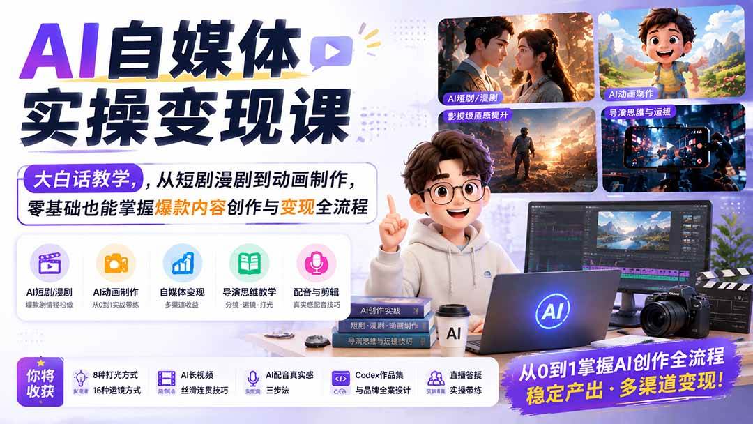 AI自媒体实操变现课|大白话教学,从短剧漫剧到动画制作,零基础也能掌握爆款内容创作与变现全流程