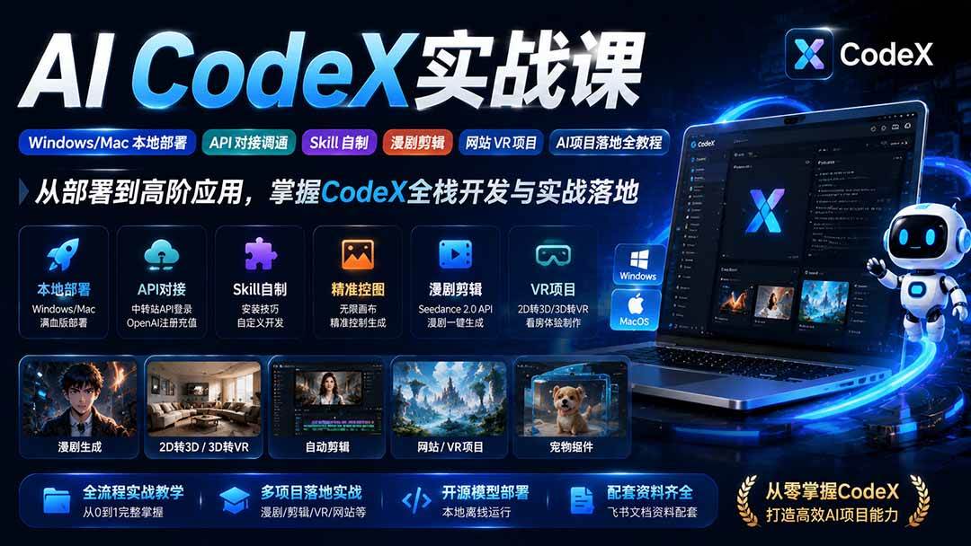 AI CodeX实战课|Windows/Mac 本地部署|API 对接调通|Skill 自制|漫剧剪辑|网站 VR 项目|AI项目落地全教程
