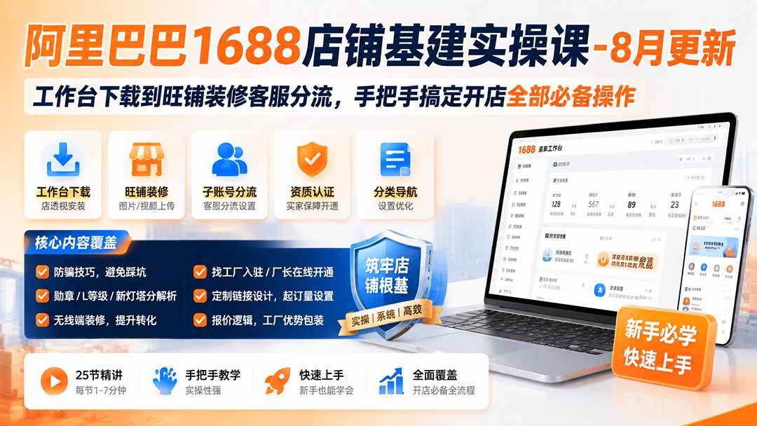 阿里巴巴1688店铺基建实操课-8月更新;工作台下载到旺铺装修客服分流,手把手搞定开店全部必备操作