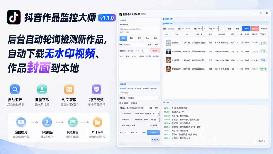 抖音作品监控大师v1.1.0:后台自动轮询检测新作品,自动下载无水印视频、作品封面到本地