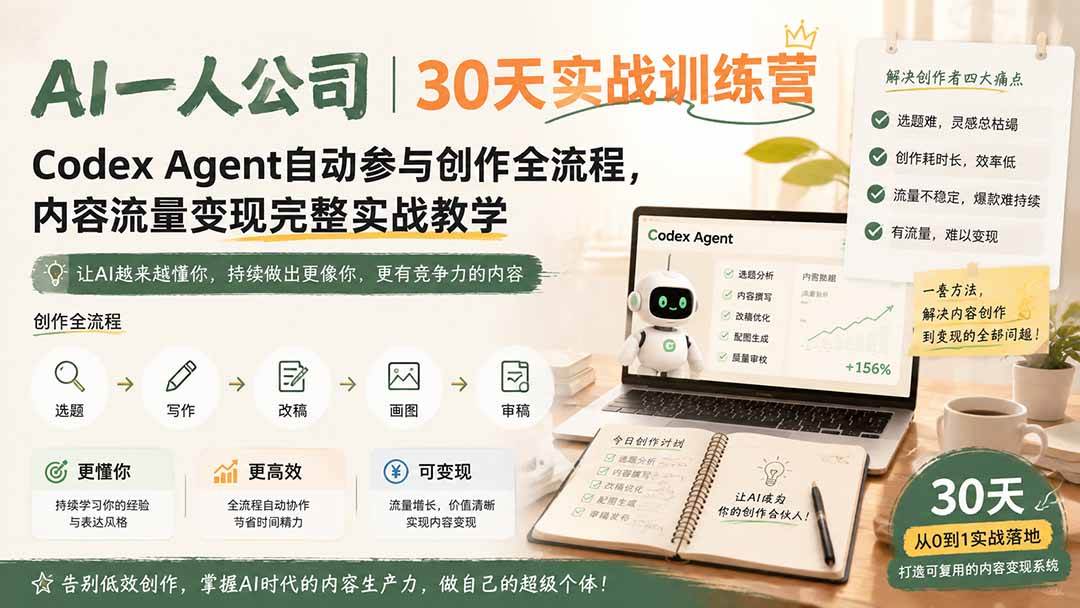 AI一人公司|30天实战训练营;Codex Agent自动参与创作全流程,内容流量变现完整实战教学