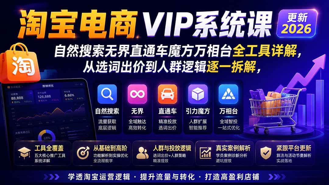 淘宝电商VIP系统课-更新8月;自然搜索无界直通车魔方万相台全工具详解,从选词出价到人群逻辑逐一拆解