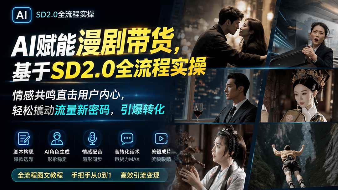 AI赋能漫剧带货,基于SD2.0全流程实操;情感共鸣直击用户内心,轻松撬动流量新密码,引爆转化