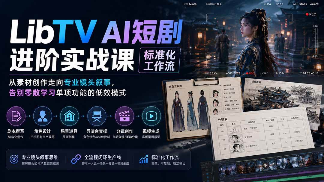 LibTV AI短剧进阶实操课标准化工作流;从素材创作走向专业镜头叙事,告别零散学习单项功能的低效模式