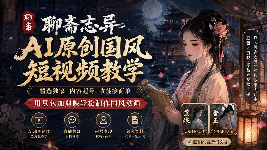 聊斋志异AI原创国风短视频教学;精选独家+内容起号+收徒接商单,用豆包加剪映轻松制作国风动画