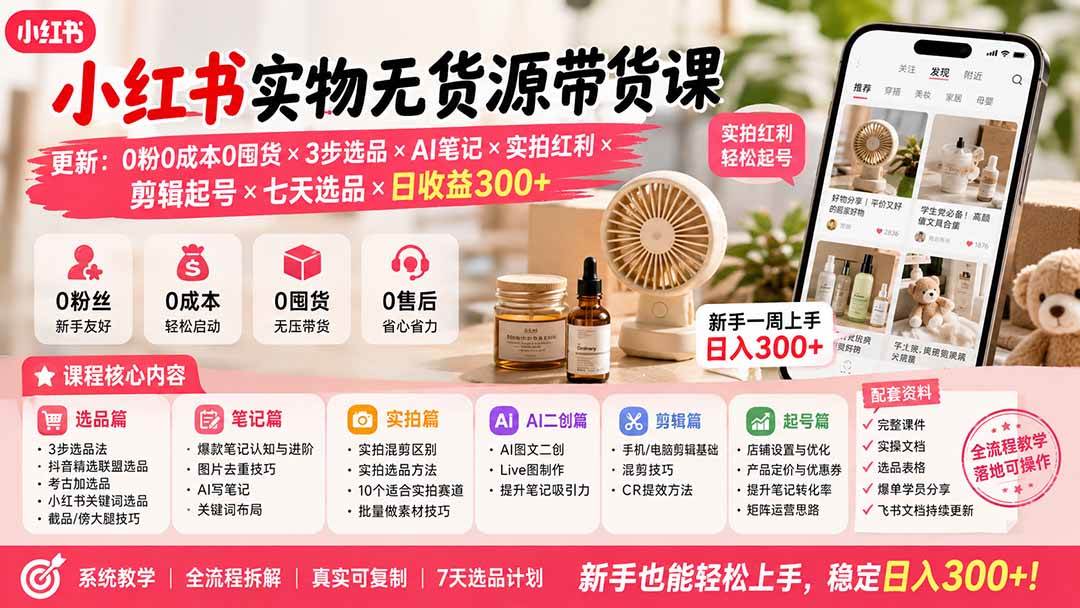 小红书实物无货源带货课-更新:0粉0成本0囤货×3步选品×AI笔记×实拍红利×剪辑起号×七天选品×日收益300+