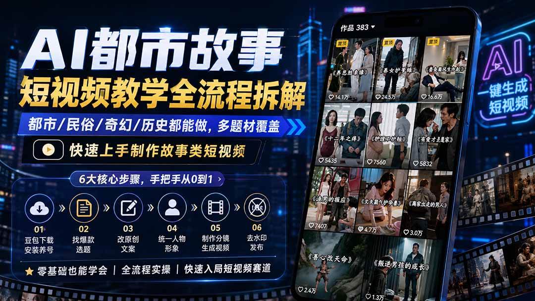AI都市故事短视频教学全流程拆解;都市/民俗/奇幻/历史都能做多题材覆盖,快速上手制作故事类短视频