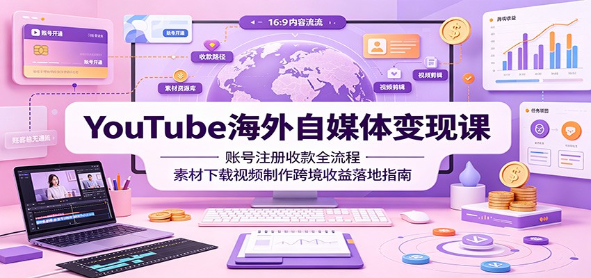 YouTube海外自媒体变现课:账号注册收款全流程,素材下载视频制作跨境收益落地指南