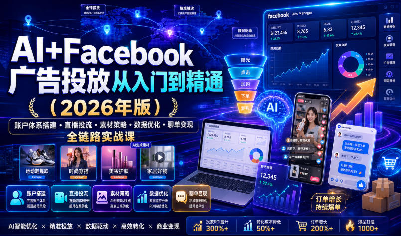AI+Facebook广告投放从入门到精通|账户体系搭建・直播投流・素材策略・数据优化・聊单变现全链路实战课